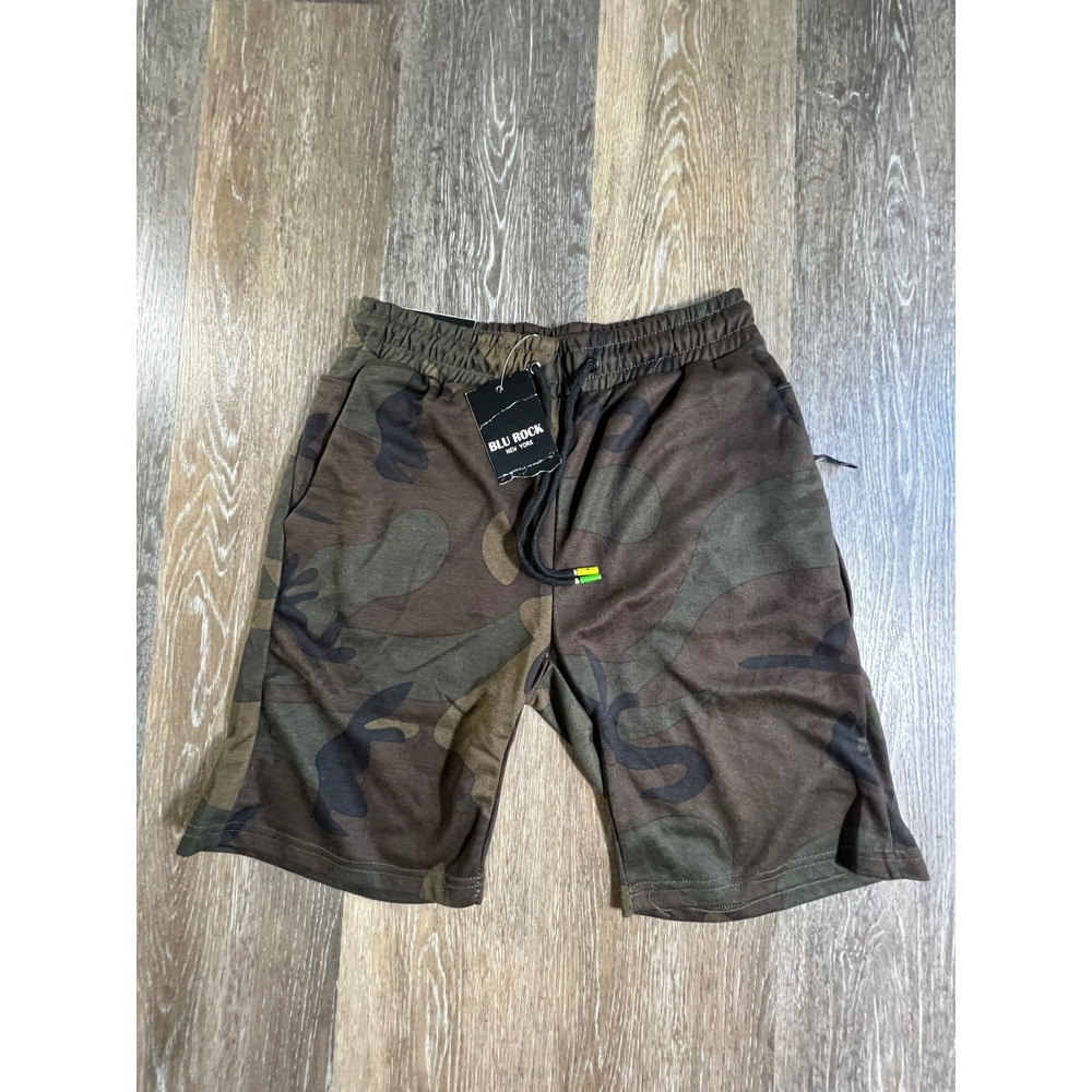 Blu Rock Camouflage Sweat Shorts Mens Size S Green Brown Drawstring Casual